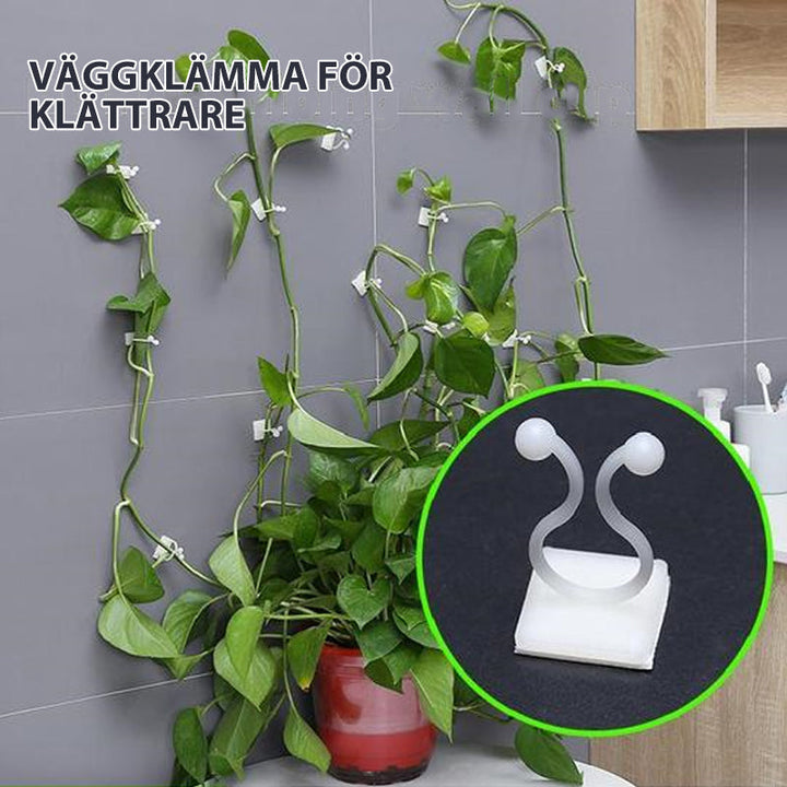 "Vit väggklämma för klätterväxter, stark och kompakt plastfäste, används för att ordna växter eller kablar på vägg."