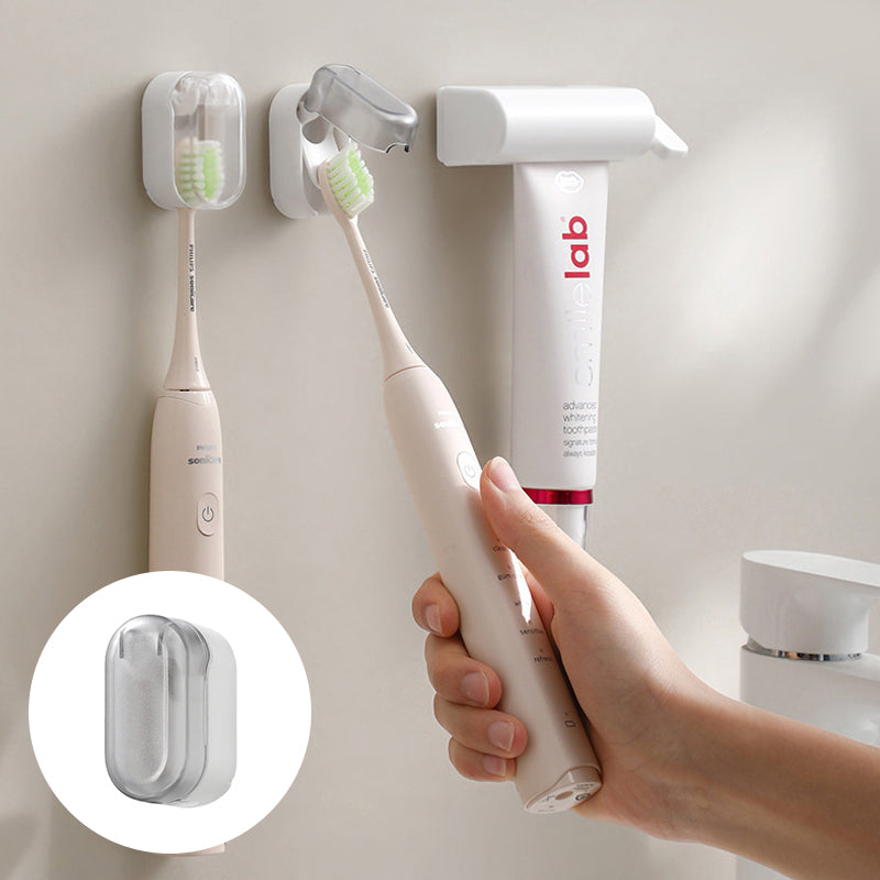 "Vit väggmonterad tandborsthållare i ABS-plast, med lock för hygienisk förvaring, platsbesparande design för små badrum."