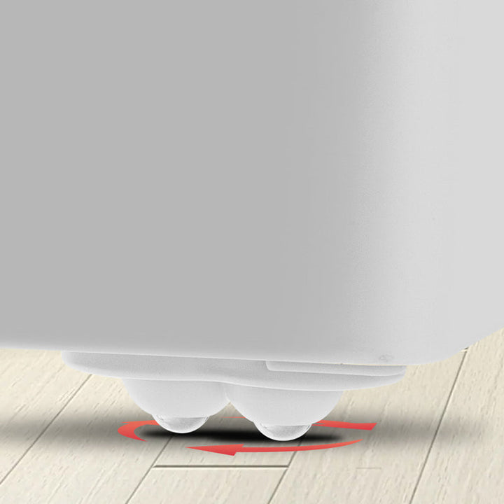 "Vita och svarta självhäftande mini 360° gummihjul; idealiska för enkel förflyttning av möbler och lådor i hemmet."