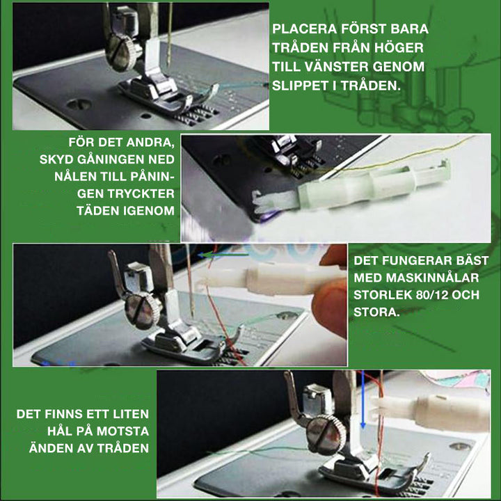 "Vit/blå automatisk symaskin trädare, hållbar ABS-plast, 7,5 cm, underlättar nålträdning och passar de flesta symaskiner."