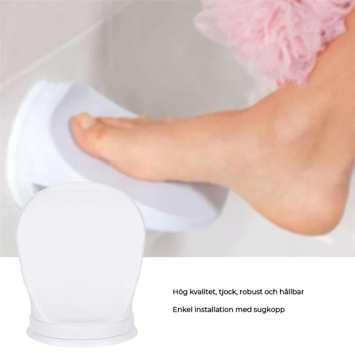 Vitt duschfotstöd av ABS-plast för säker rakning och balans i badrummet, enkel installation med sugkopp.