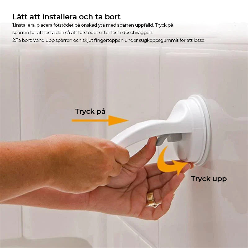 Vitt duschfotstöd av ABS-plast för säker rakning och balans i badrummet, enkel installation med sugkopp.