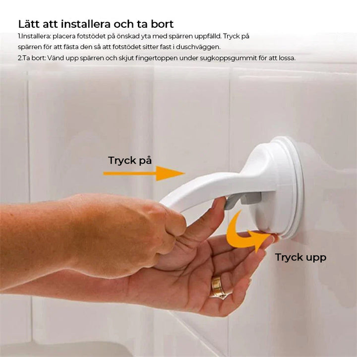 Vitt duschfotstöd av ABS-plast för säker rakning och balans i badrummet, enkel installation med sugkopp.