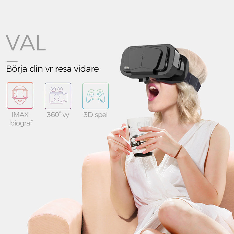 "VR panoramaglasögon med Bluetooth, IMAX-ljud; stora svarta linser, justerbara huvudramar, kompakt och hopfällbar design"
