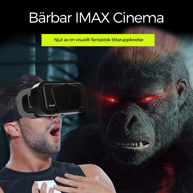 "VR panoramaglasögon med Bluetooth, IMAX-ljud; stora svarta linser, justerbara huvudramar, kompakt och hopfällbar design"