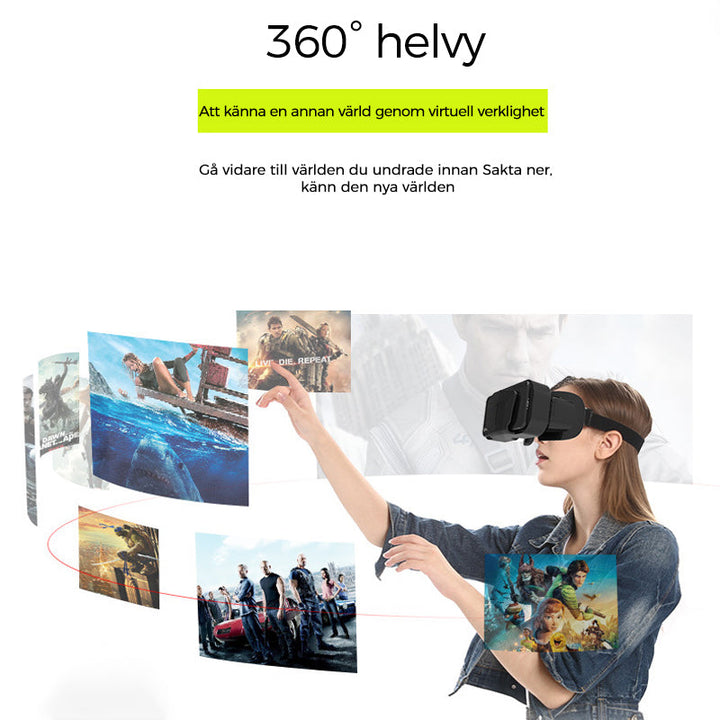 "VR panoramaglasögon med Bluetooth, IMAX-ljud; stora svarta linser, justerbara huvudramar, kompakt och hopfällbar design"