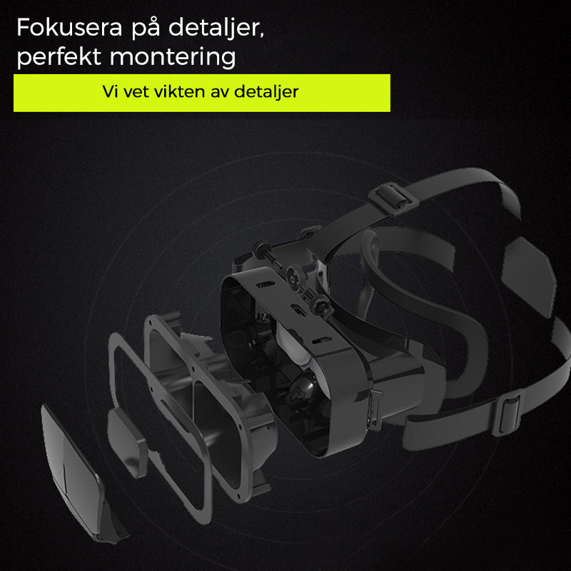 "VR panoramaglasögon med Bluetooth, IMAX-ljud; stora svarta linser, justerbara huvudramar, kompakt och hopfällbar design"