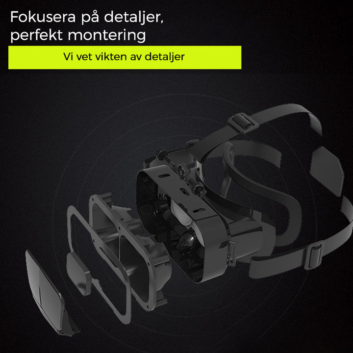 "VR panoramaglasögon med Bluetooth, IMAX-ljud; stora svarta linser, justerbara huvudramar, kompakt och hopfällbar design"