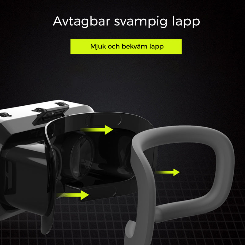 "VR panoramaglasögon med Bluetooth, IMAX-ljud; stora svarta linser, justerbara huvudramar, kompakt och hopfällbar design"