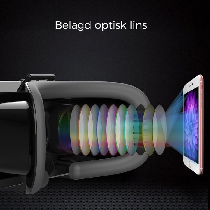 "VR panoramaglasögon med Bluetooth, IMAX-ljud; stora svarta linser, justerbara huvudramar, kompakt och hopfällbar design"