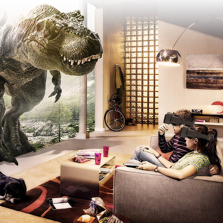 "VR panoramaglasögon med Bluetooth, IMAX-ljud; stora svarta linser, justerbara huvudramar, kompakt och hopfällbar design"